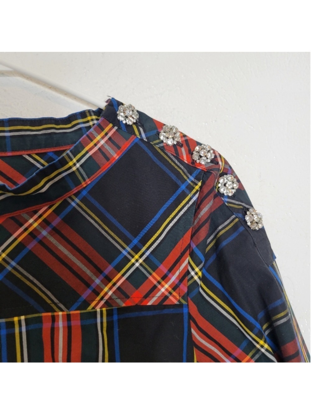 J. Crew Funnelneck Shirt in Stewart Tartan with Jeweled Buttons Women's Size 00 - Picture 6 of 12